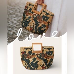 Antik Kraft Floral Woven Jute Tote Bag Wood Top Handles EUC